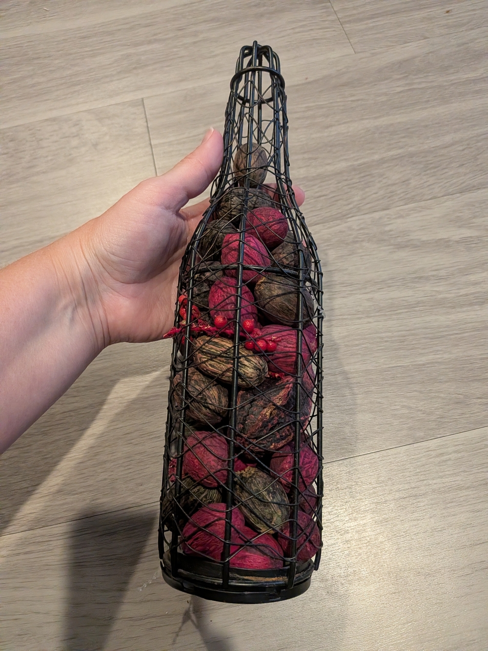 Decorative Black Wire Bottle with Red and Brown Potpourri